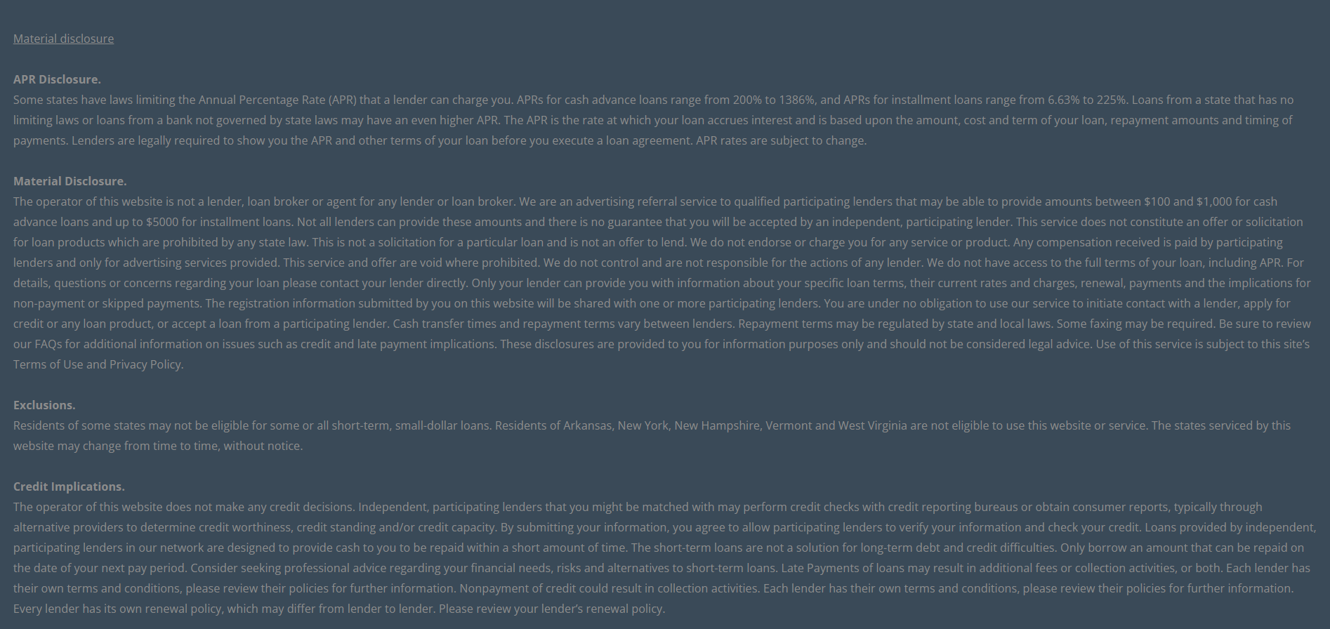 Material disclosure for payday loans in Pomona California